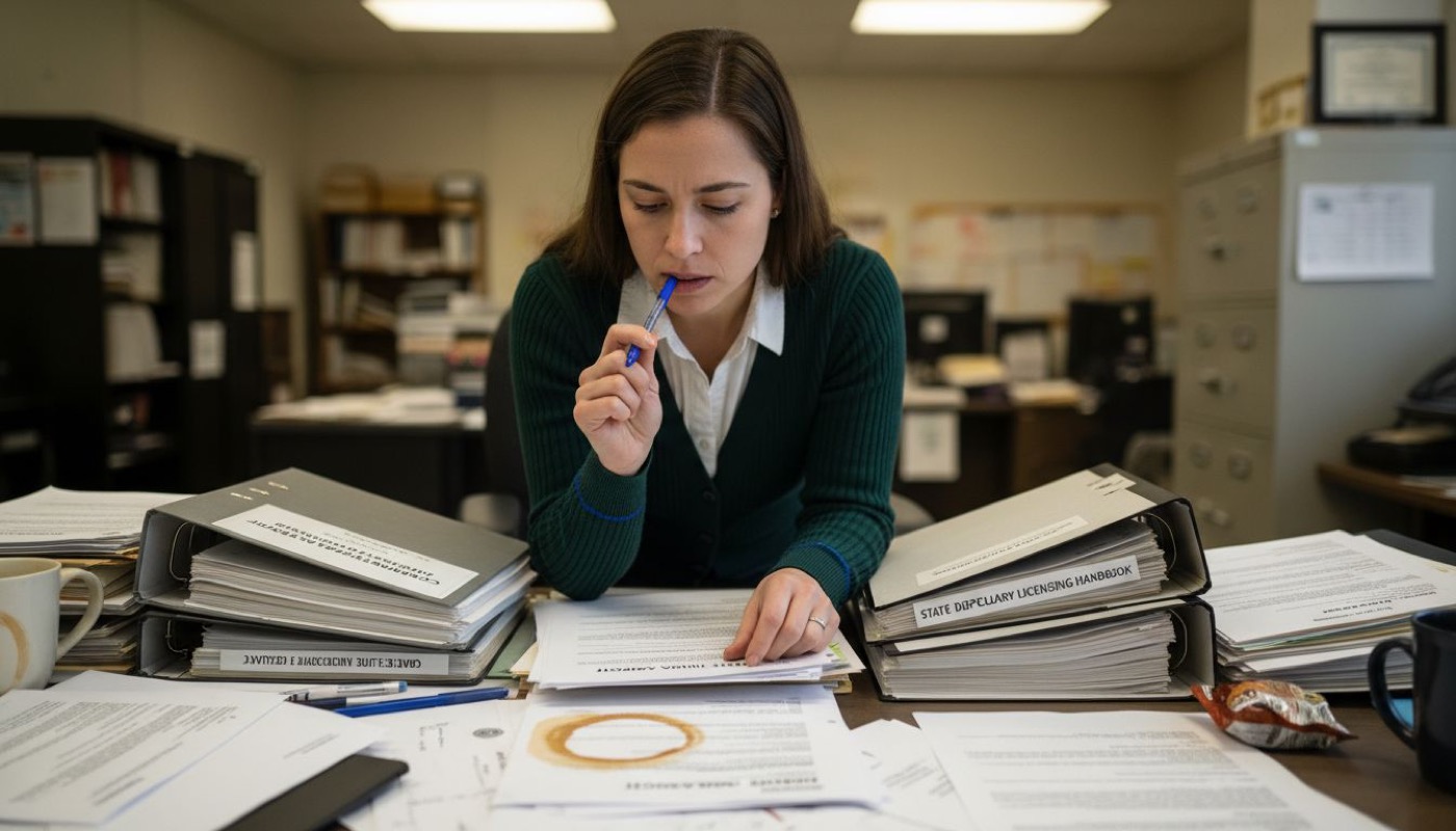 Administrator reviews cannabis audit paperwork
