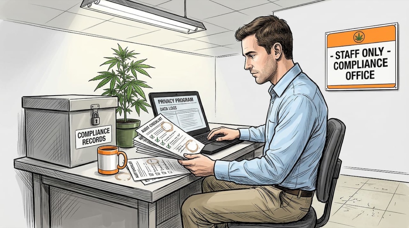 Compliance manager reviews data logs in dispensary office