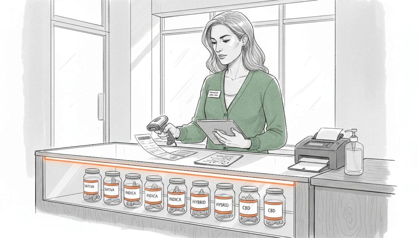 Dispensary manager checks inventory at point-of-sale counter