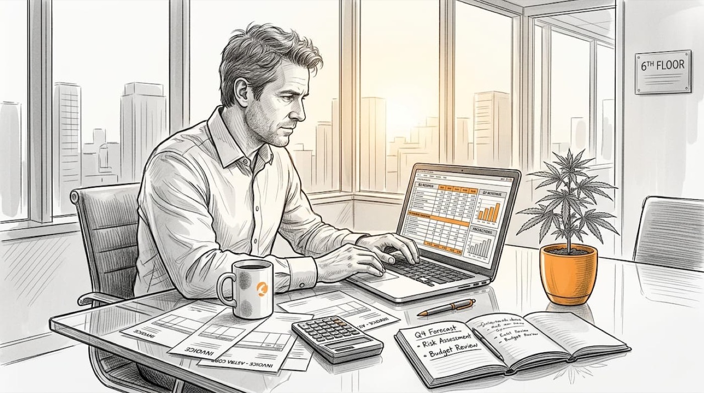 CFO working at cluttered desk with cannabis plant