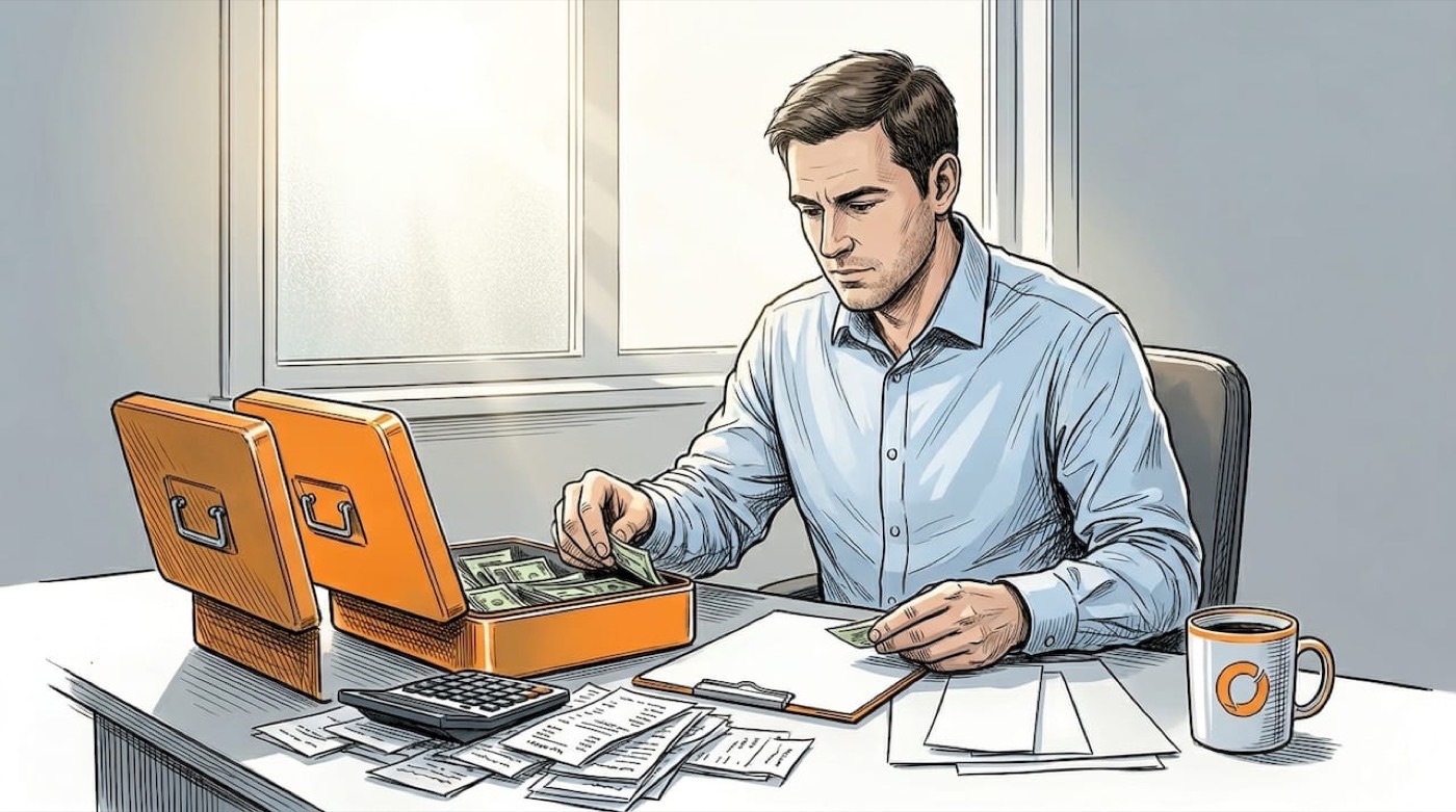 Finance manager reconciling petty cash at desk