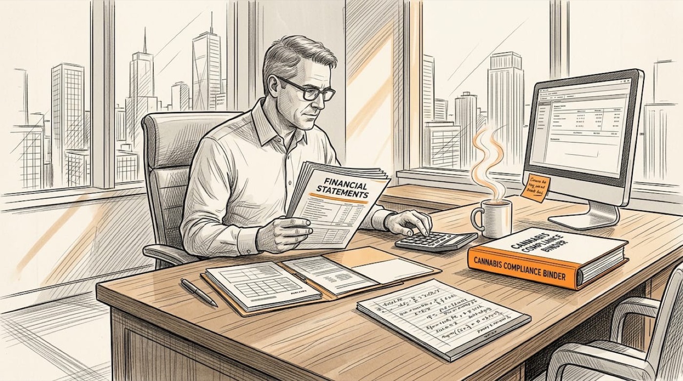 Accountant reviews cannabis financial statements in office
