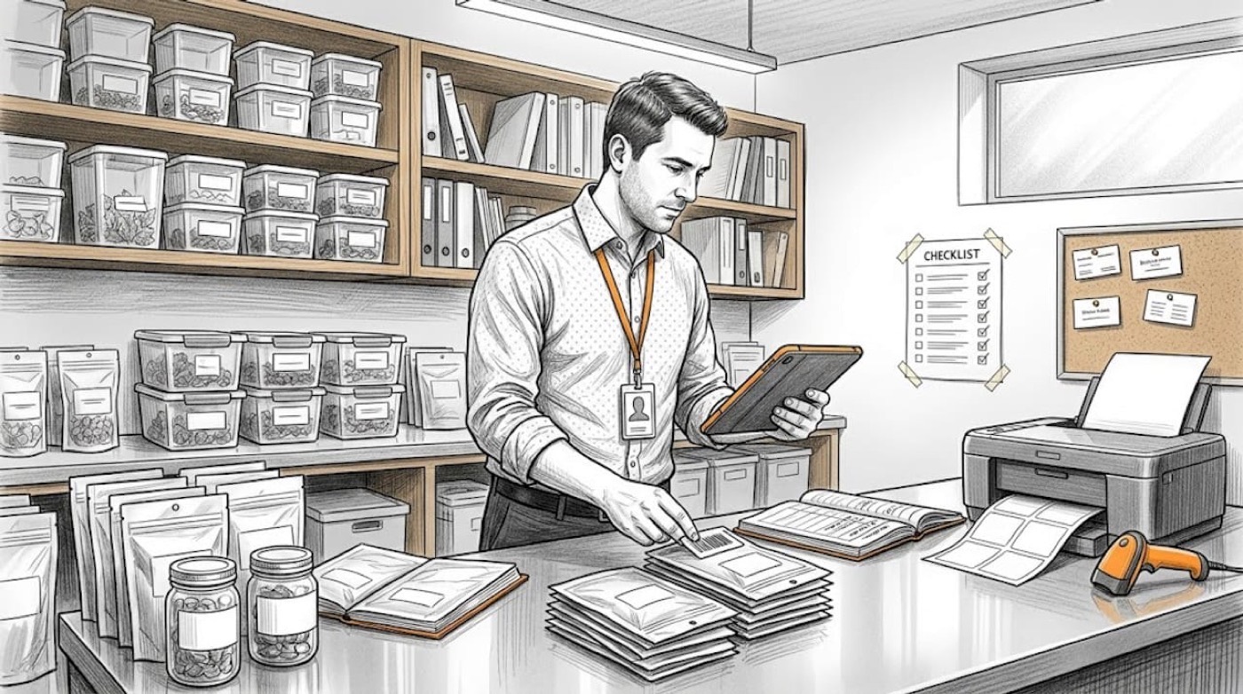 Dispensary manager organizing inventory tags and records