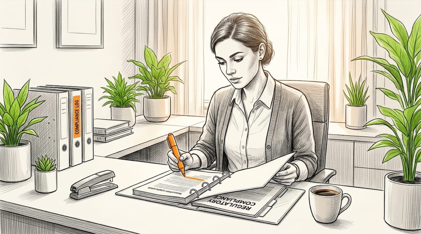 Compliance officer reviews regulatory paperwork at dispensary desk