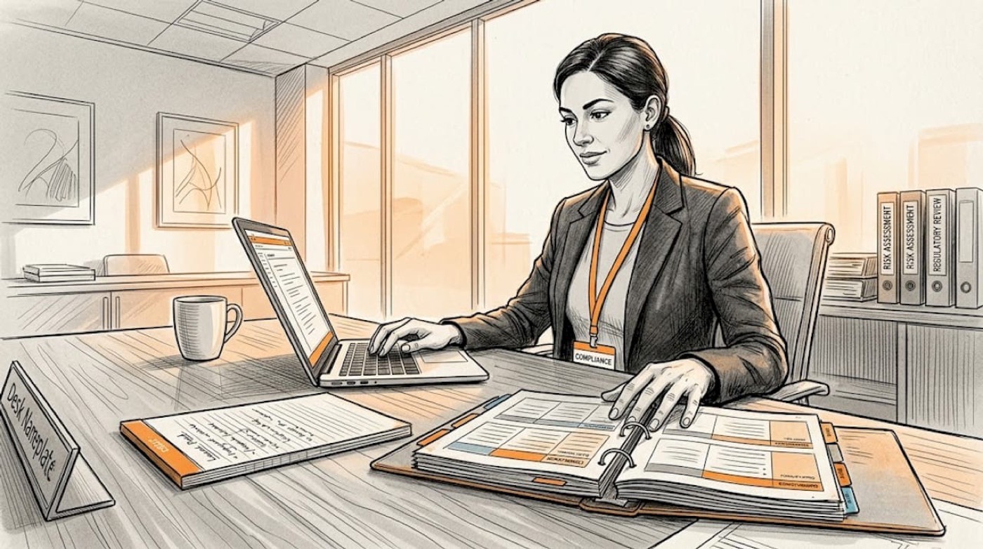 Compliance officer reviewing binder in bank office