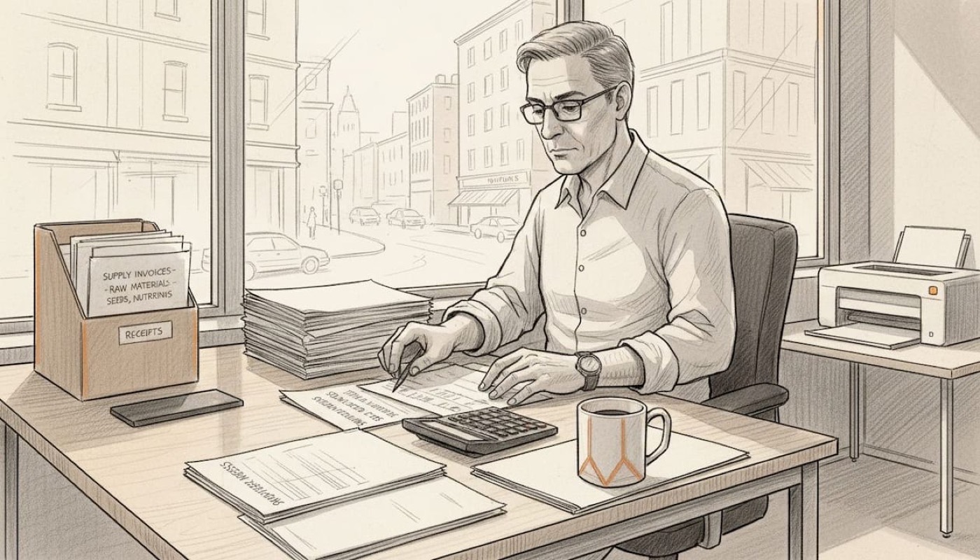Accountant organizing cannabis product supply records at desk