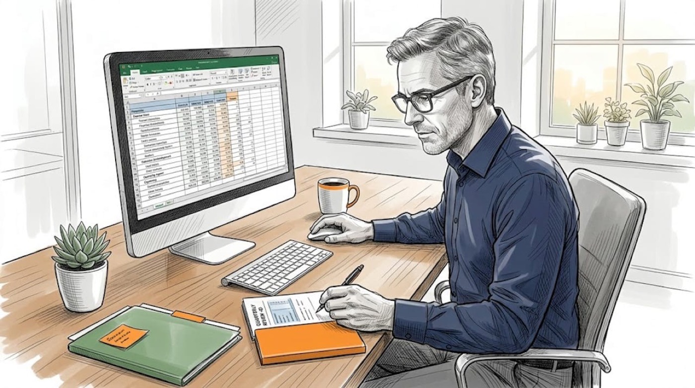 Accountant reviews spreadsheet and tax files at desk
