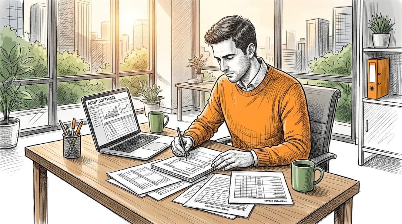 Accountant reviews financial statements near cannabis plant in office