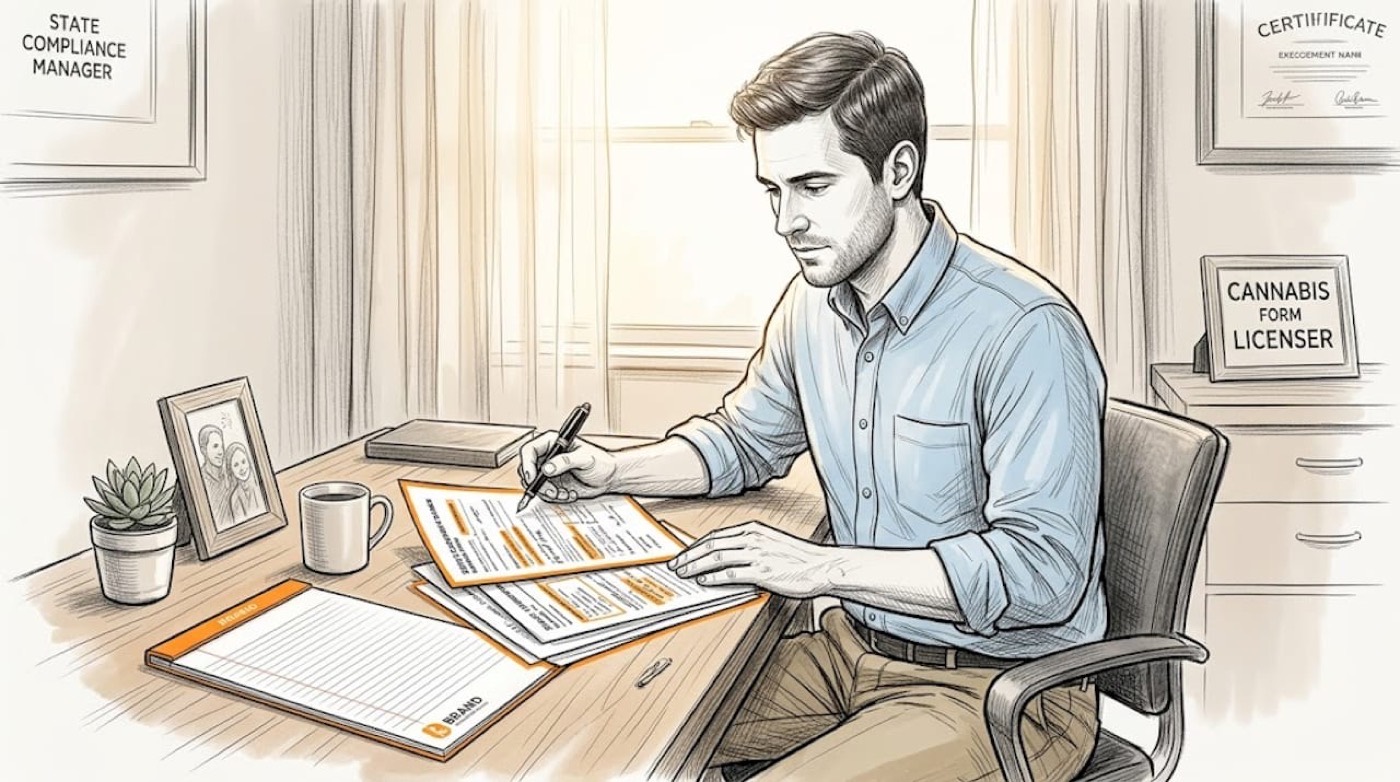 Manager reviews compliance forms at desk