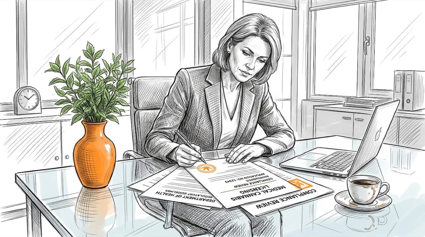 Businesswoman reviewing medical cannabis license paperwork