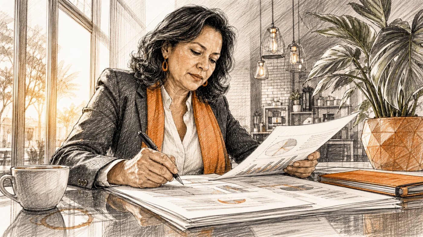 Woman reviewing cannabis financial documents at desk