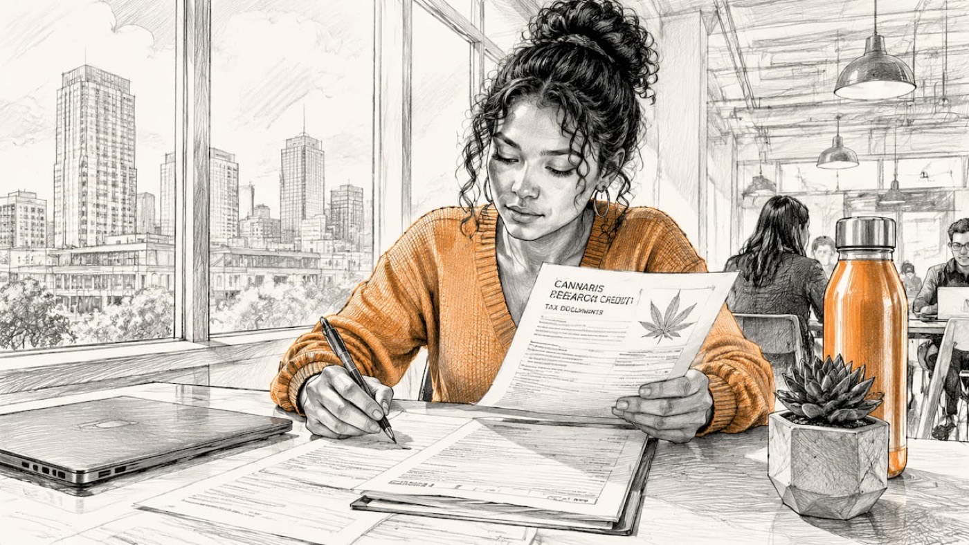 Woman reviewing cannabis tax research documents