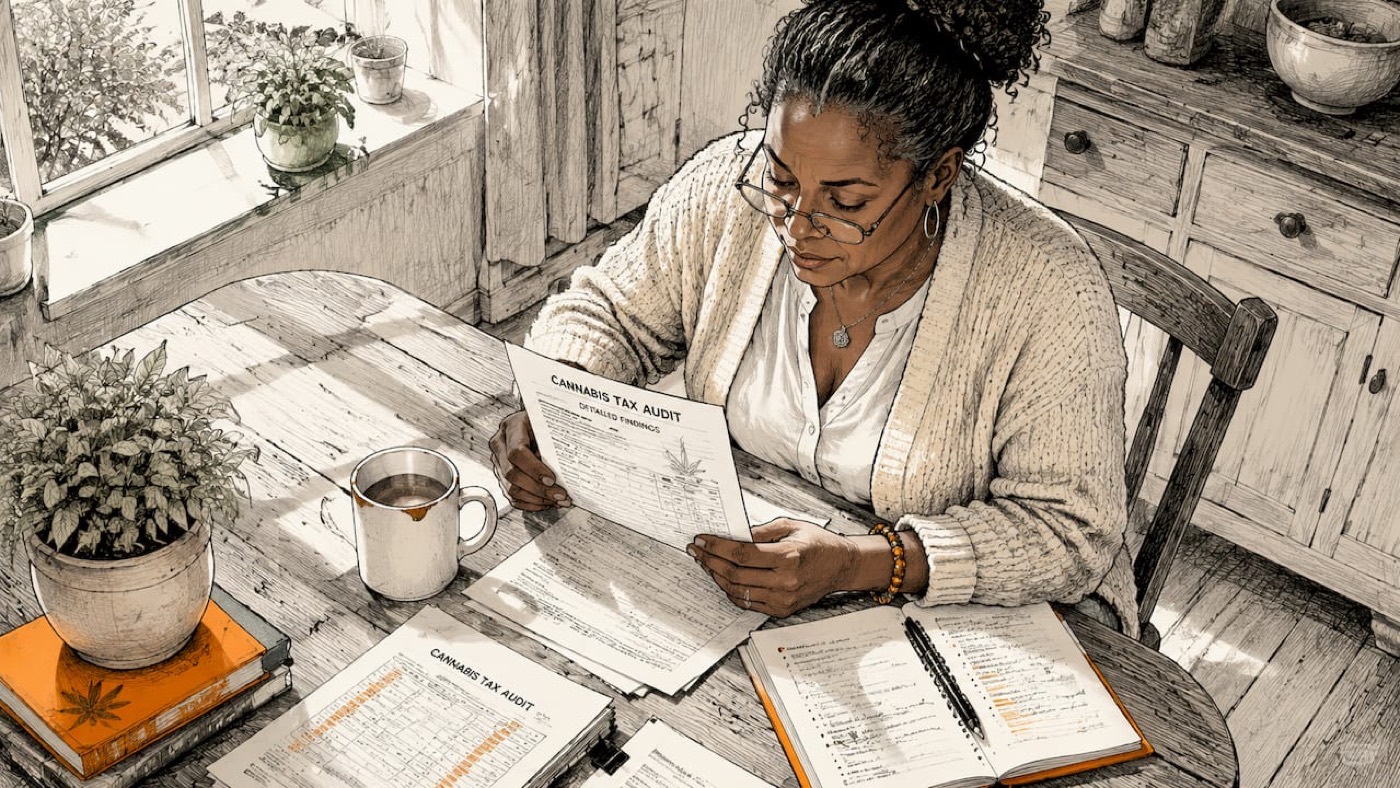Professional woman reviewing cannabis tax audit papers