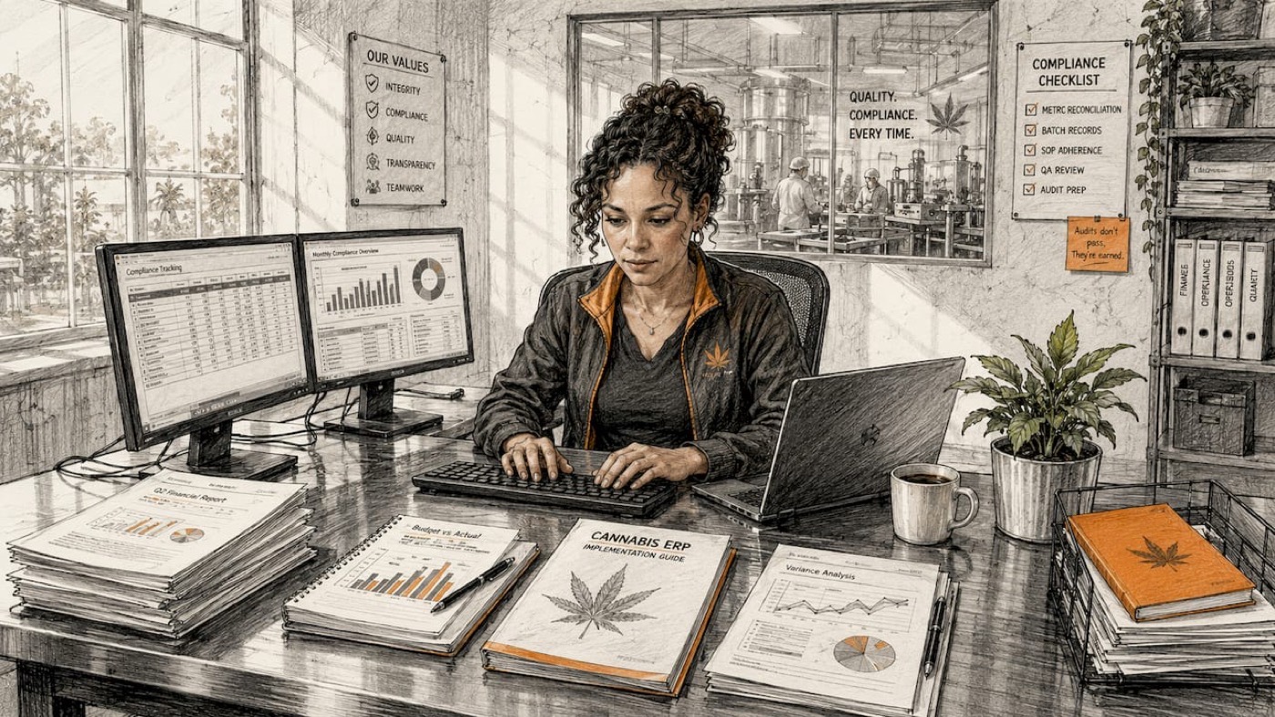 Accountant working on cannabis ERP integration documents