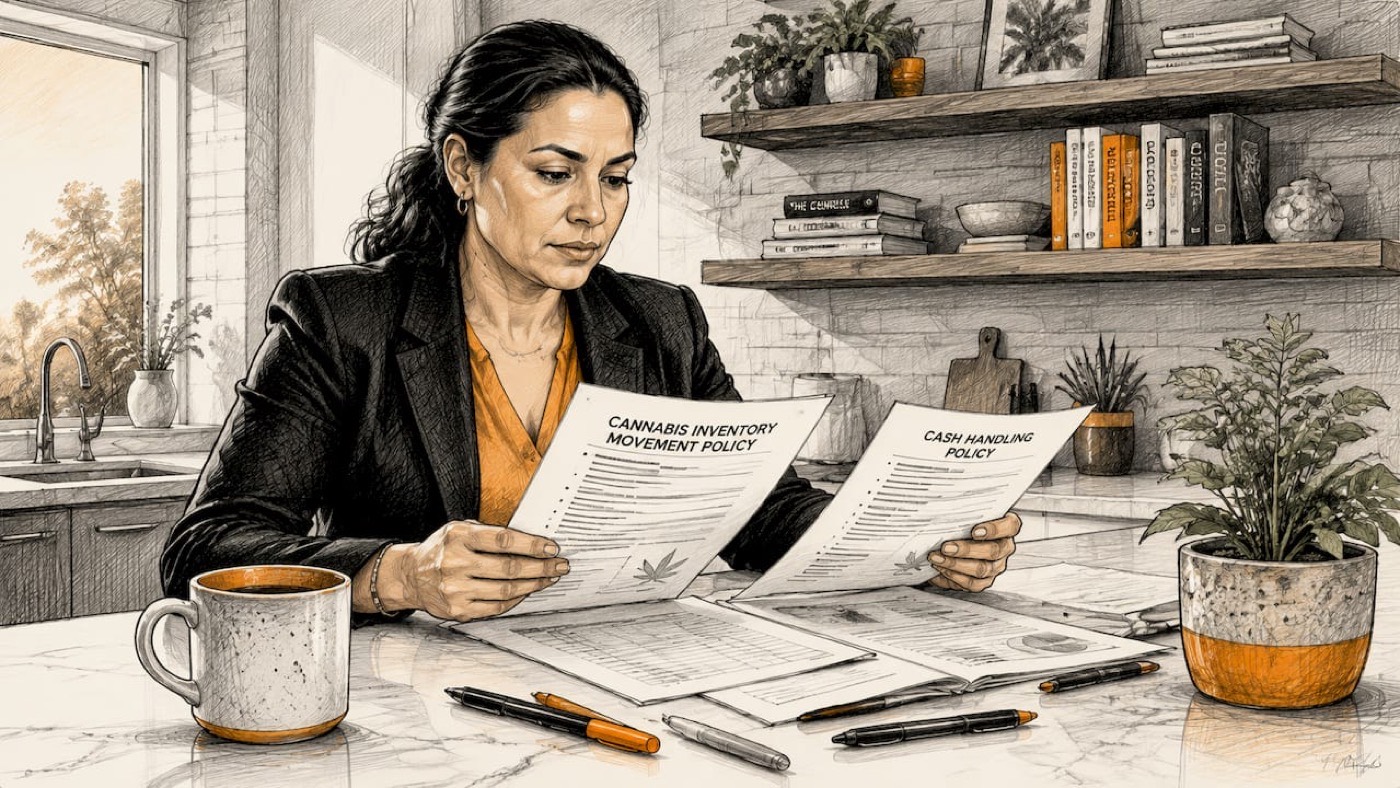 Professional reviewing cannabis compliance documents