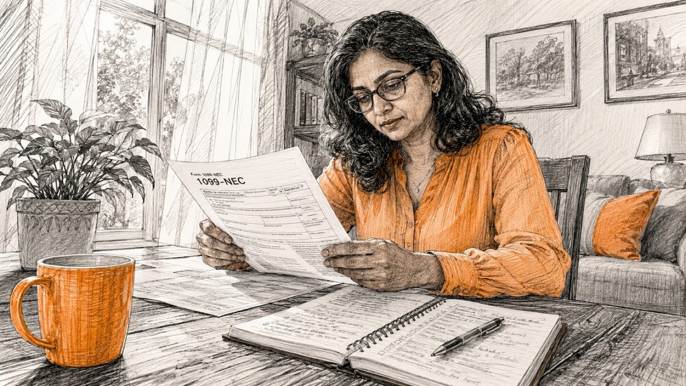 Woman reviewing IRS 1099 documents at desk